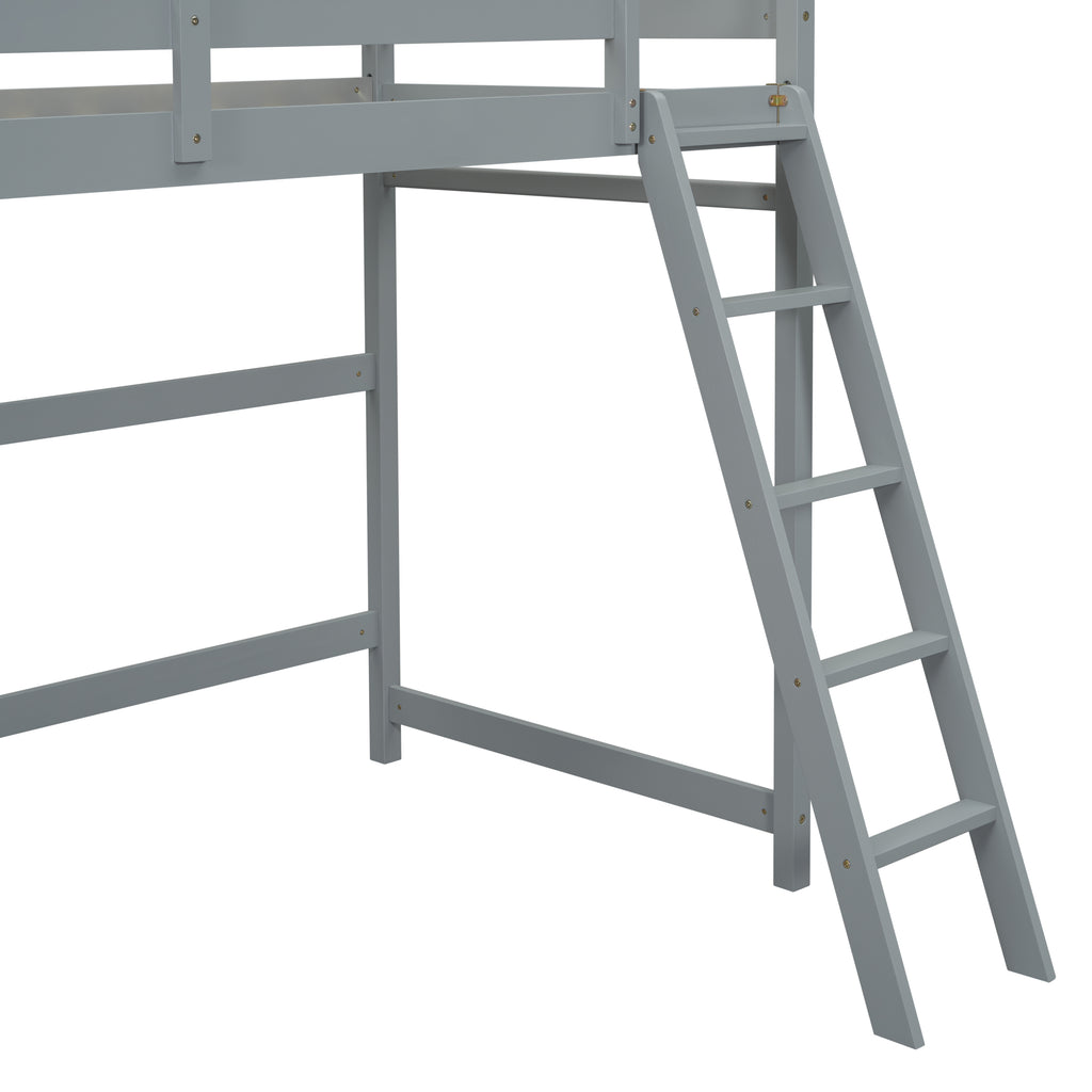 Leoglint Twin Size High Loft Bed Frame with inclined Ladder, Guardrails,Grey