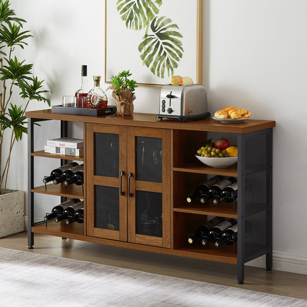 Leoglint JHX Industrial Wine Bar Cabinet, Liquor Storage Credenza, Sideboard with Wine Racks & Stemware Holder (Hazelnut Brown, 55.12''w x 13.78''d x 30.31' ' h)