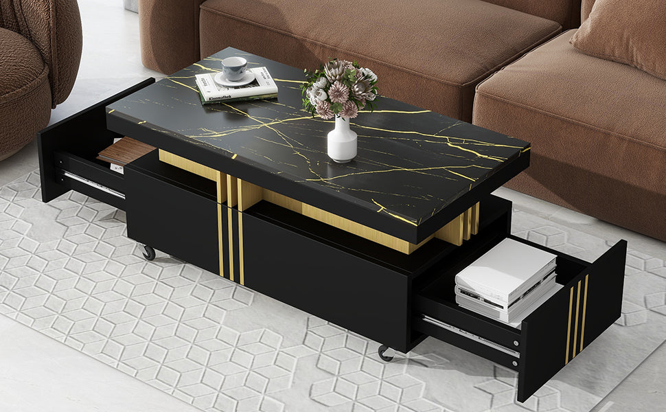 Leoglint [VIDEO provided] ON-TREND Contemporary Coffee Table with Faux Marble Top, Rectangle Cocktail Table with Caster Wheels, Moderate Luxury Center Table with Gold Metal Bars for Living Room, Black