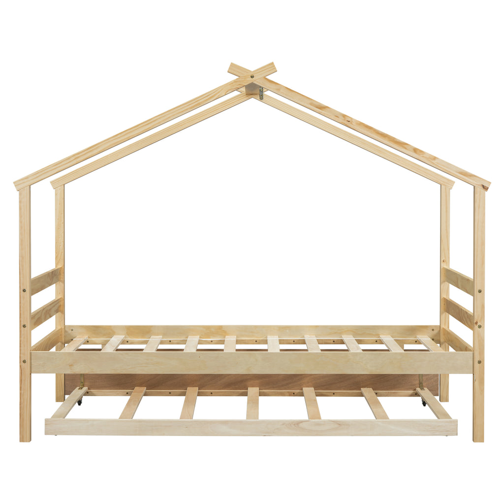 Leoglint Twin Size  House-shaped Bed Frame with Trundle,Natural