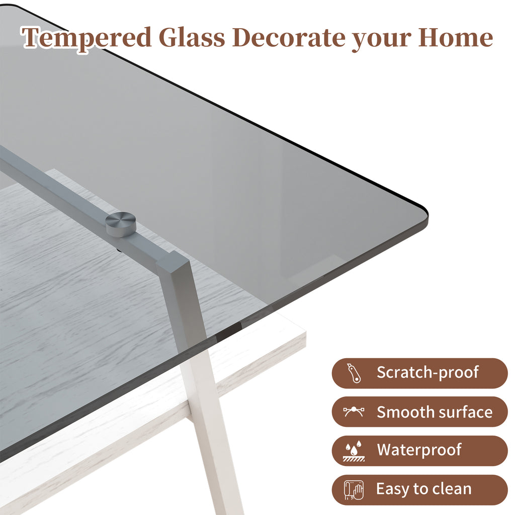 Leoglint Rectangle Coffee Table, Tempered Glass Tabletop with White Metal Legs, Modern Table for Living Room , Gray Glass