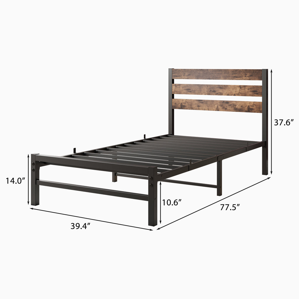 Leoglint Twin Size Platform Bed Frame with Rustic Vintage Wood Headboard, Strong Metal Slats Support Mattress Foundation, No Box Spring Needed Rustic Brown