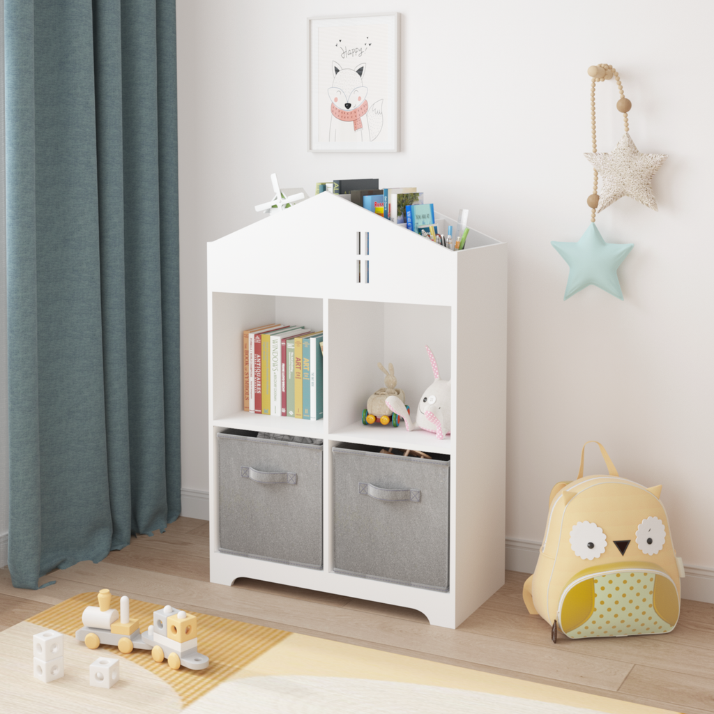 Leoglint Kids Dollhouse Bookcase with Storage, 2-Tier Storage Display Organizer, Toddler Bookshelf with 2 Collapsible Fabric Drawers for Bedroom or Playroom (White/Gray)