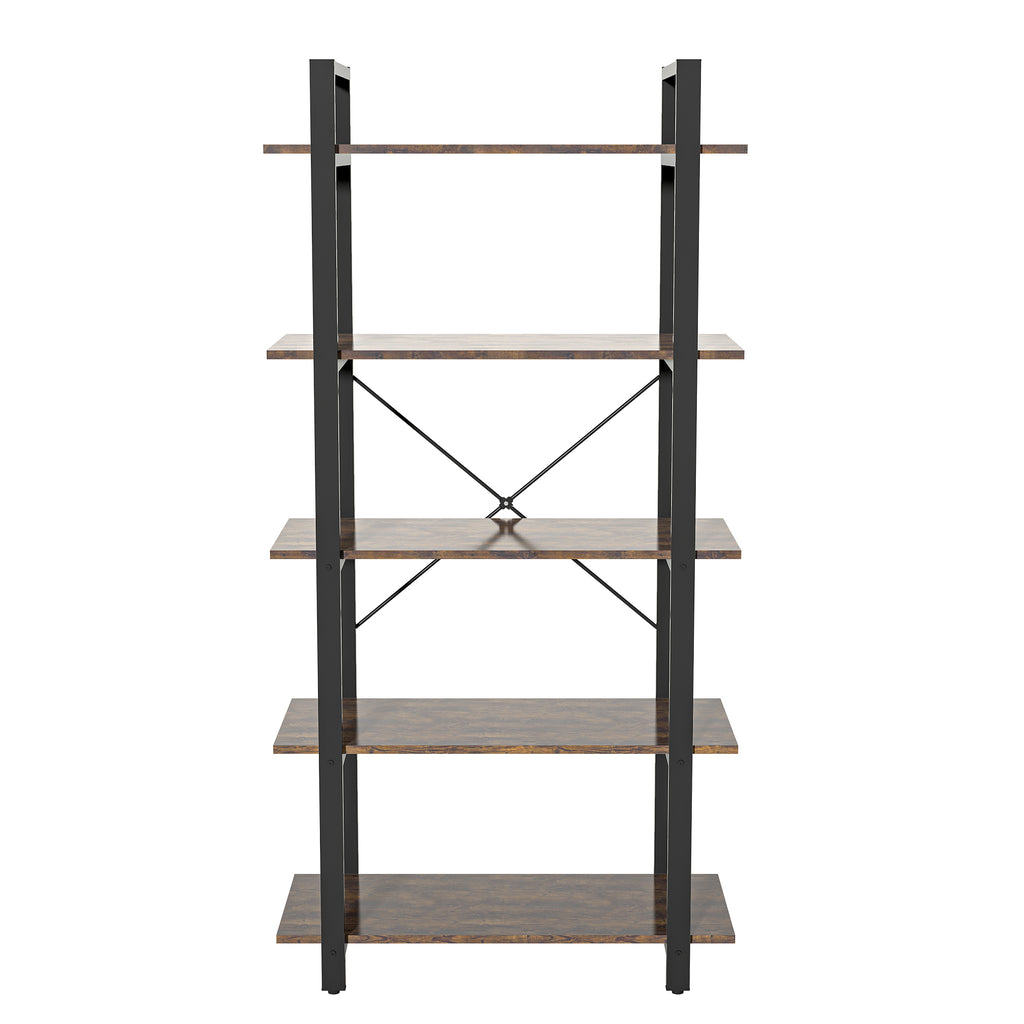 Leoglint 5-Shelf Vintage Industrial Rustic Bookshelf, 5 Tier Wood and Metal Bookcase, Open Etagere Book Shelf, Farmhouse Wooden Bookshelves, Vintage Brown