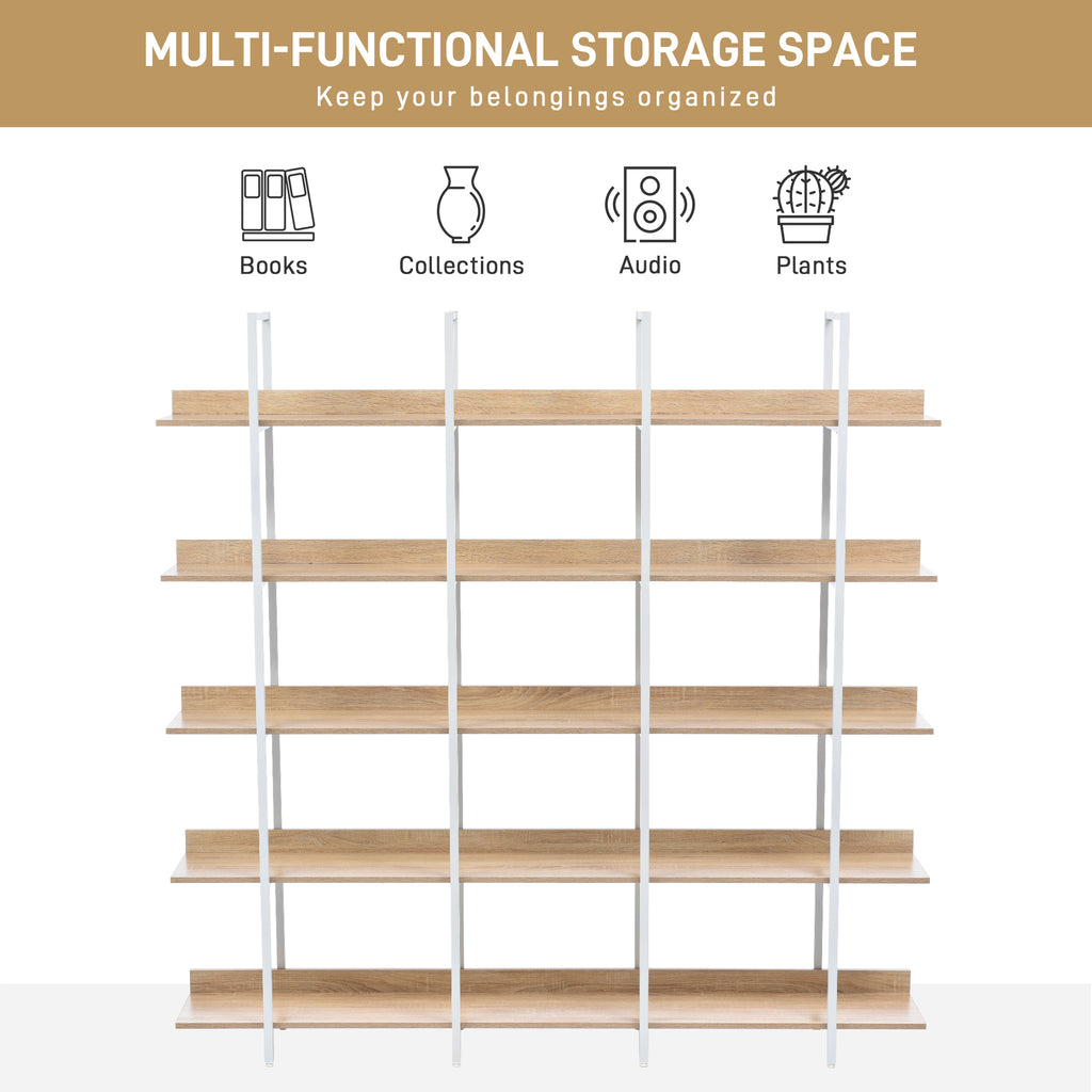Leoglint 5 Tier Bookcase Home Office Open Bookshelf, Vintage Industrial Style Shelf, MDF Board, White Metal Frame, Oak