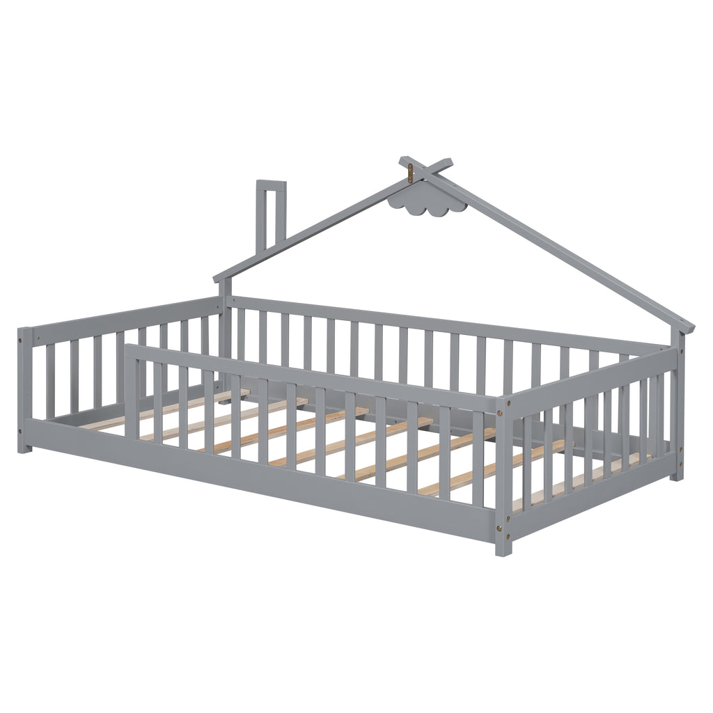 Leoglint Twin House-Shaped Bedside Floor Bed Frame with Guardrails, Slats, without Door ,Grey