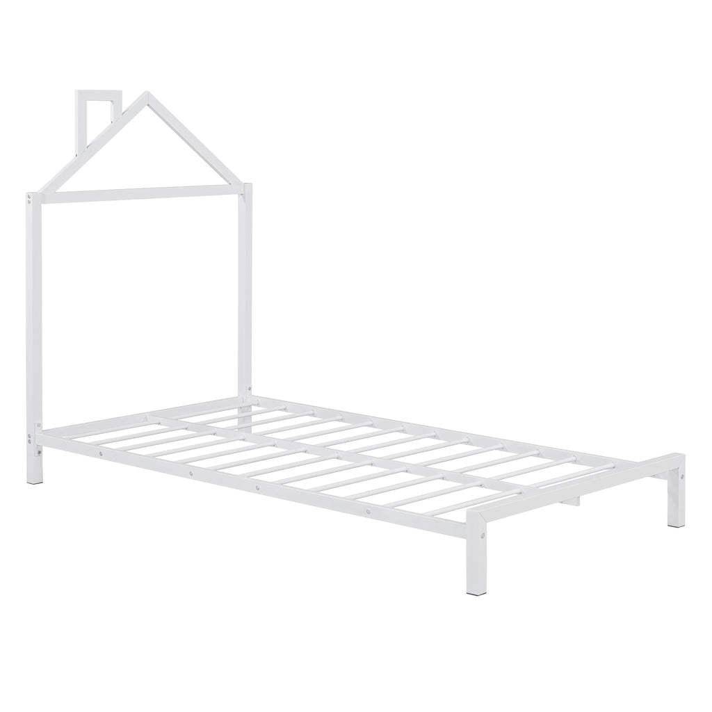 Leoglint Twin Size Metal Platform Bed Frame with House-Shaped Headboard Design, White