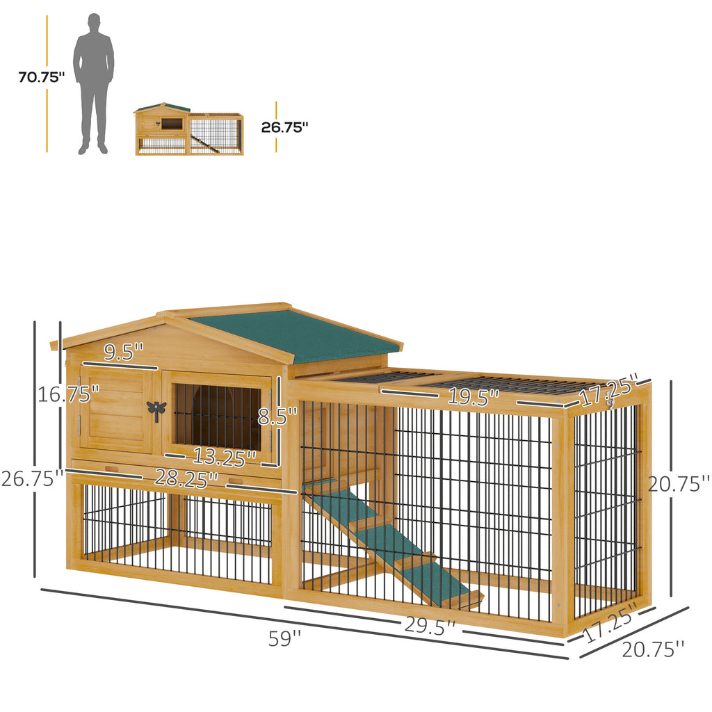 Leoglint 2 Levels Outdoor Rabbit Hutch with Openable Top, 59" Wooden Large Rabbit Cage with Run Weatherproof Roof, Removable Tray, Ramp, Yellow