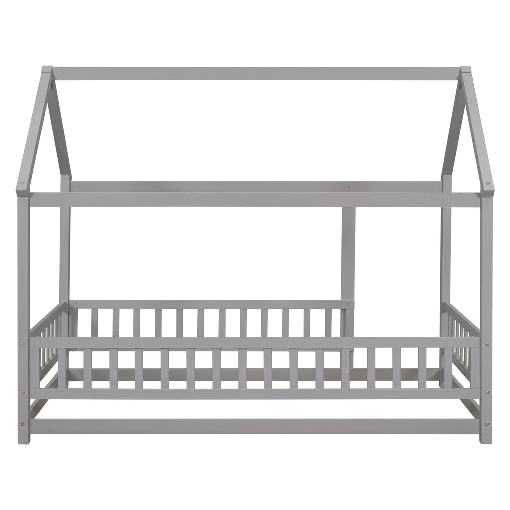 Leoglint Twin Size Floor Wooden Bed Frame with House Roof Frame, Fence Guardrails,Grey(Old SKU:W1791106614)