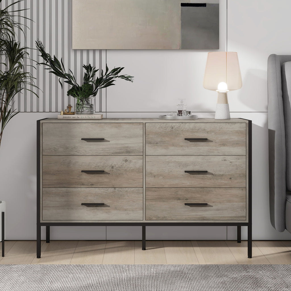 Leoglint Wood Drawer Chest Dresser with 6 Drawers, Wooden Storage Closet for Bedroom, Solid Clothes Cabinet with Sturdy Steel Frame, 48.58"W×15.75"D×31.22"H, 48 inch, Rustic Grey