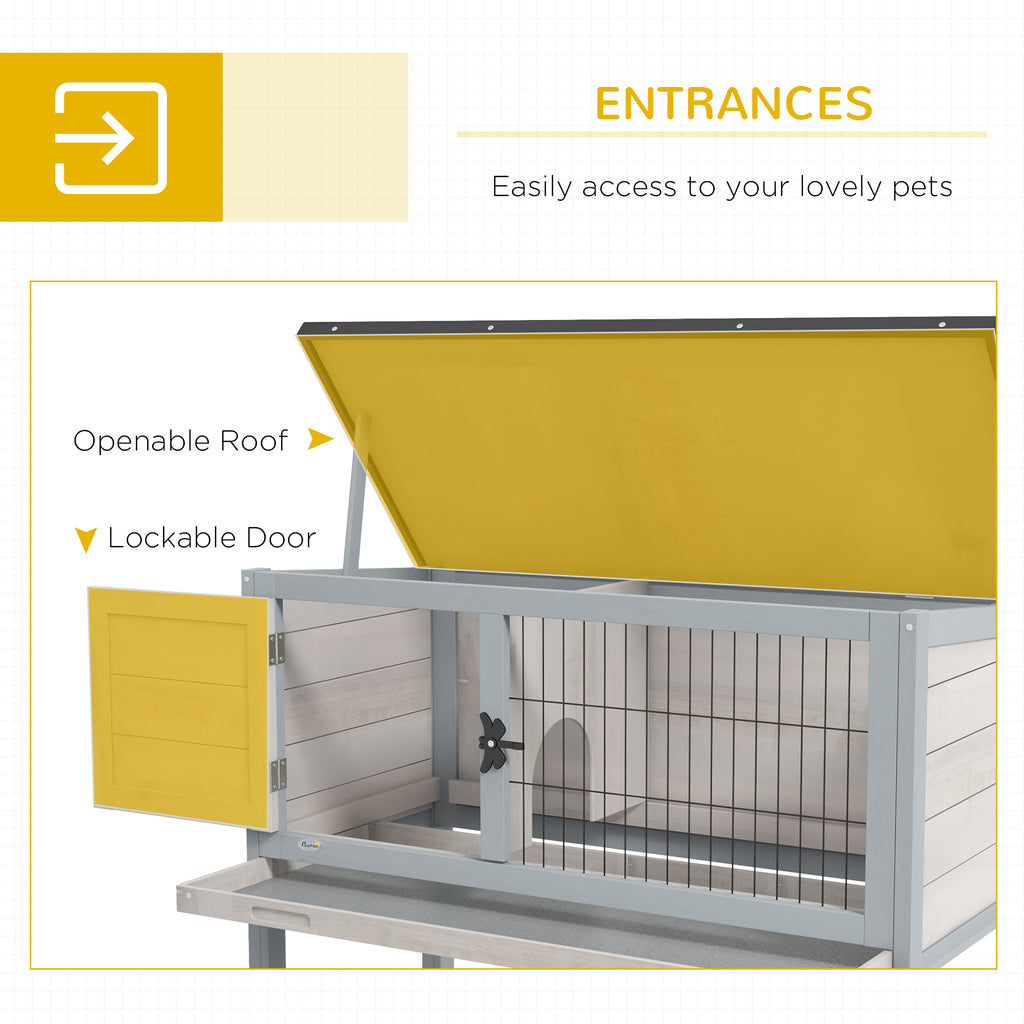 Leoglint Elevated Wooden Rabbit Hutch, Indoor/Outdoor Bunny Cage with Hinged Asphalt Roof and Removable Tray for Guinea Pig, Gray