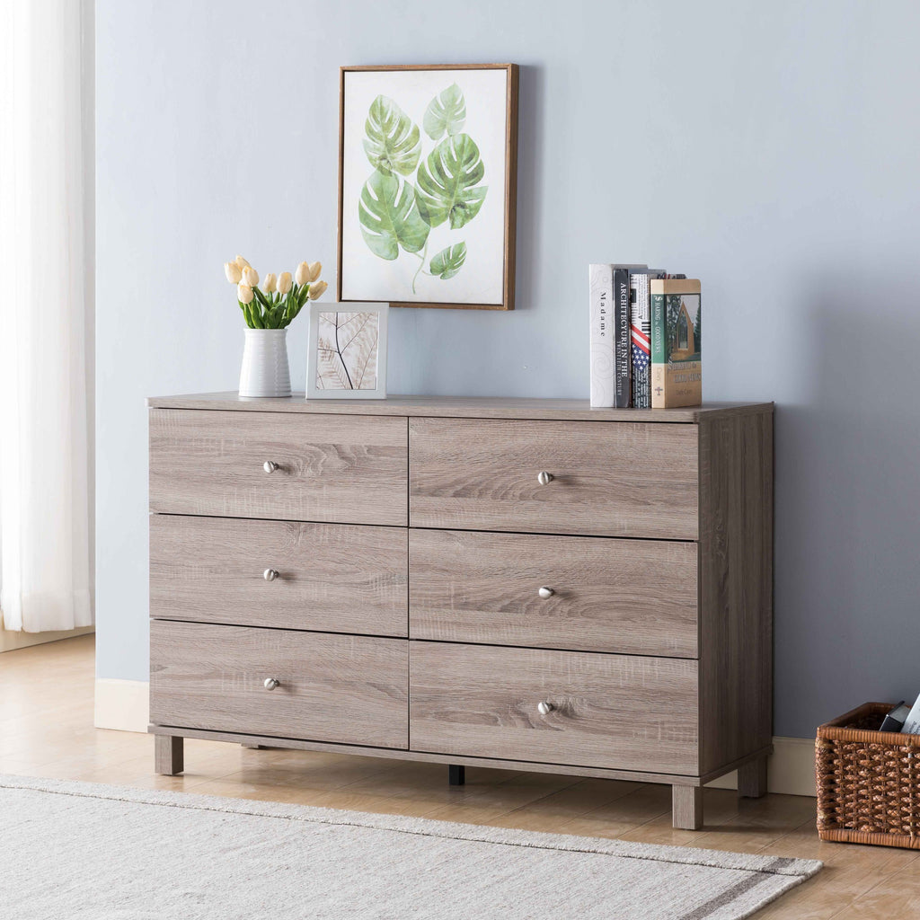 Leoglint Drawer Chest Dresser Six Drawers with Metal Knob Handles - Brown