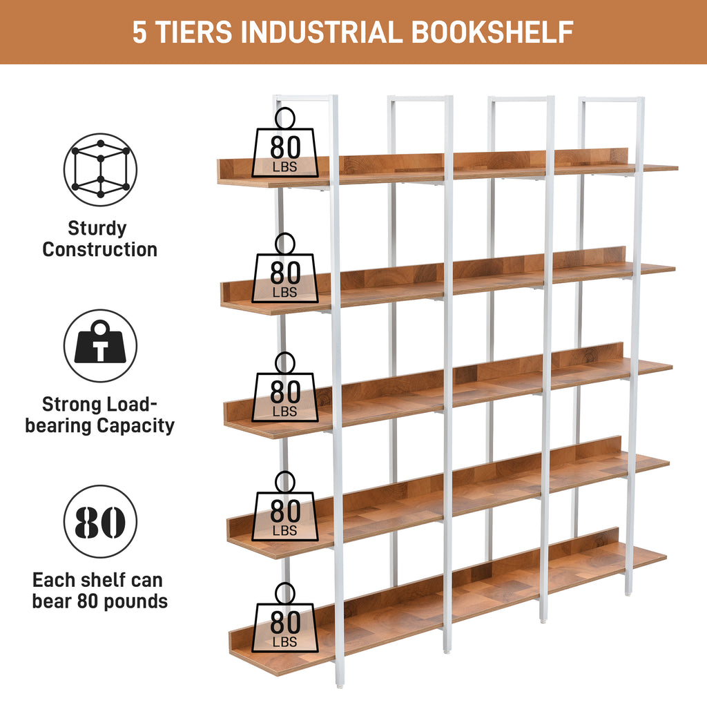 Leoglint 5 Tier Bookcase Home Office Open Bookshelf, Vintage Industrial Style Shelf, MDF Board, White Metal Frame, Brown