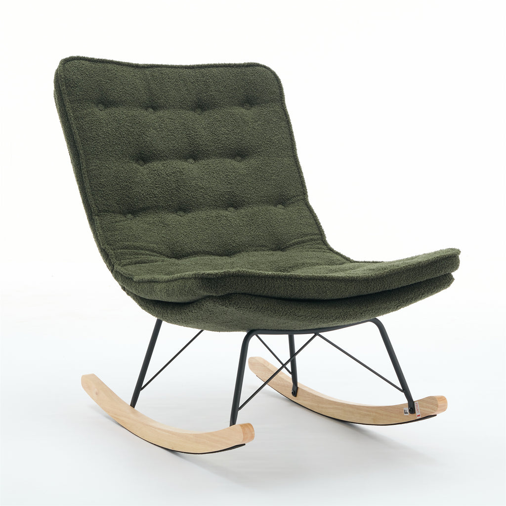 Leoglint Lazy Rocking Outdoor Chair,Comfortable Lounge Chair with Wide Backrest and Seat Wood Base, Upholstered Armless Rocker Chair for Living room, Balcony,Bedroom and Patio Porch. (DARK GREEN)