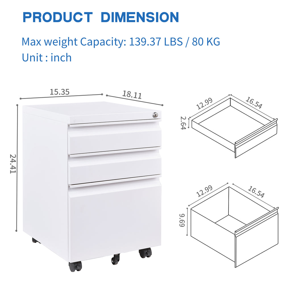 Leoglint 3 Drawer File Cabinet with Lock, Steel Mobile Filing Cabinet on Anti-tilt Wheels, Rolling Locking Office Cabinets Under Desk for Legal/Letter Size