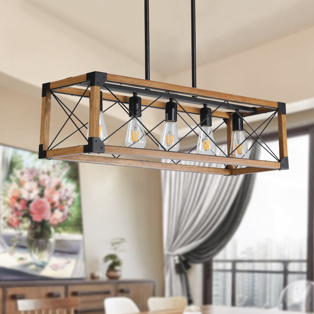 Leoglint Pendant 5-Light Retro Farmhouse Chandelier For Kitchen, Living room, Dining room Walnut(No Bulbs)