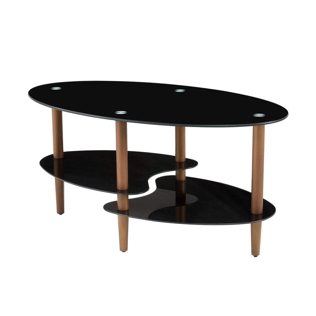 Leoglint Black Oval glass coffee table, modern table in living room Oak wood leg tea table 3-layer  tempered glass table