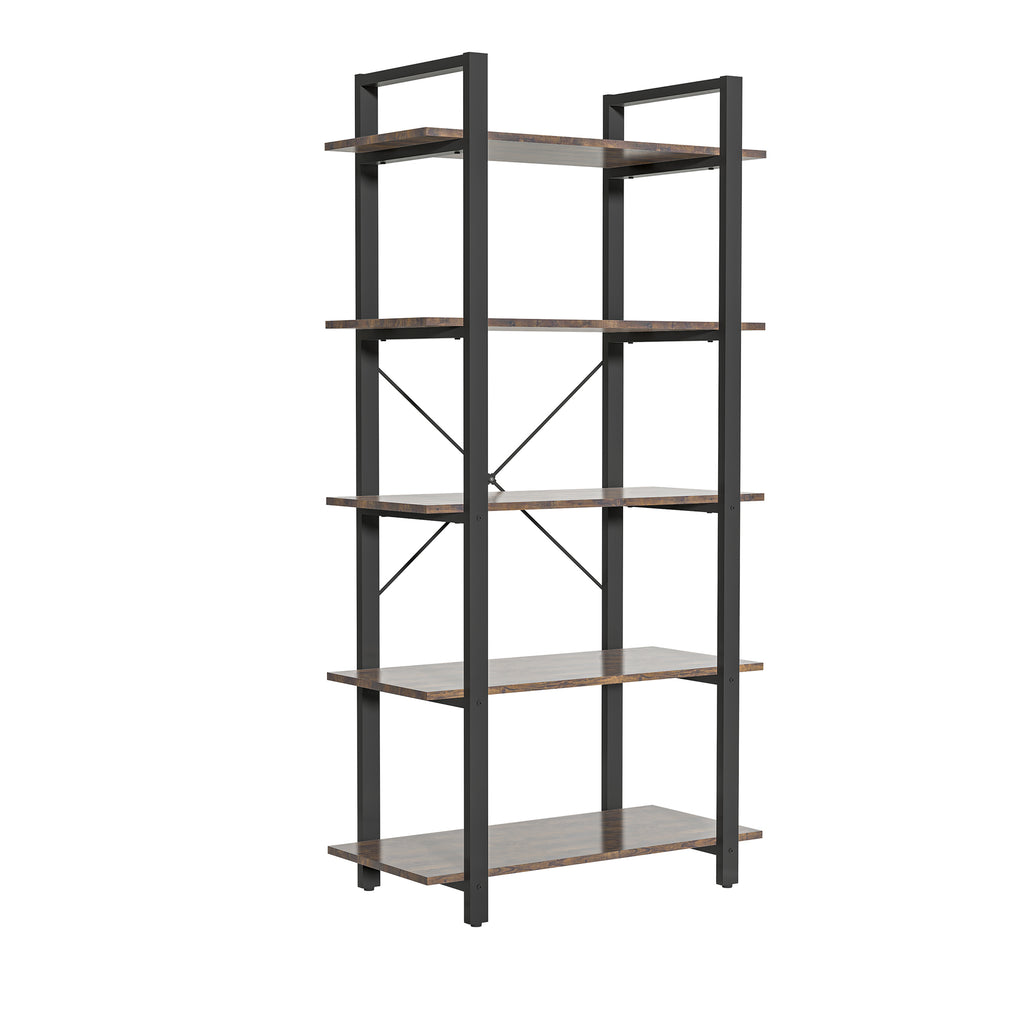 Leoglint 5-Shelf Vintage Industrial Rustic Bookshelf, 5 Tier Wood and Metal Bookcase, Open Etagere Book Shelf, Farmhouse Wooden Bookshelves, Vintage Brown