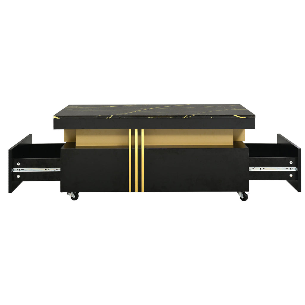 Leoglint [VIDEO provided] ON-TREND Contemporary Coffee Table with Faux Marble Top, Rectangle Cocktail Table with Caster Wheels, Moderate Luxury Center Table with Gold Metal Bars for Living Room, Black