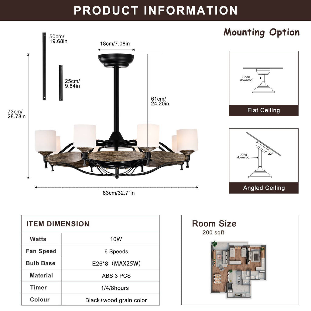 Leoglint Pendant Dia 33 inch Chandelier Ceiling Fan for Bedroom Dining Room Living Room Kitchen Farmhouse Entry,Matte Black+  Wood Grain