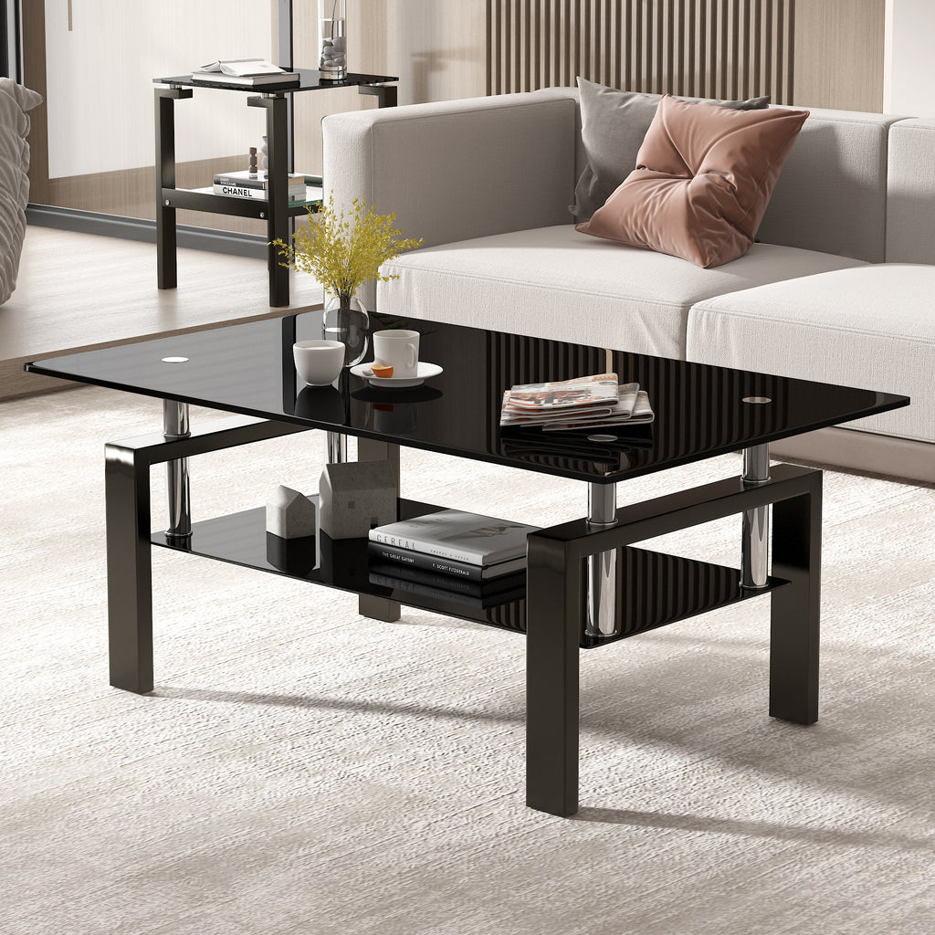 Leoglint Tempered Black Glass Coffee Table, 2-Layers Tea Table