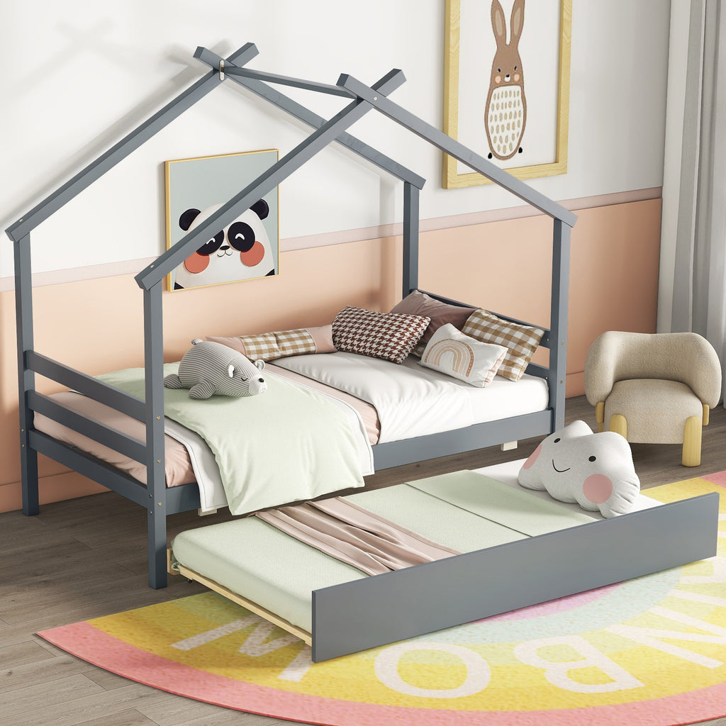 Leoglint Twin Size  House-shaped Bed Frame with Trundle,Grey