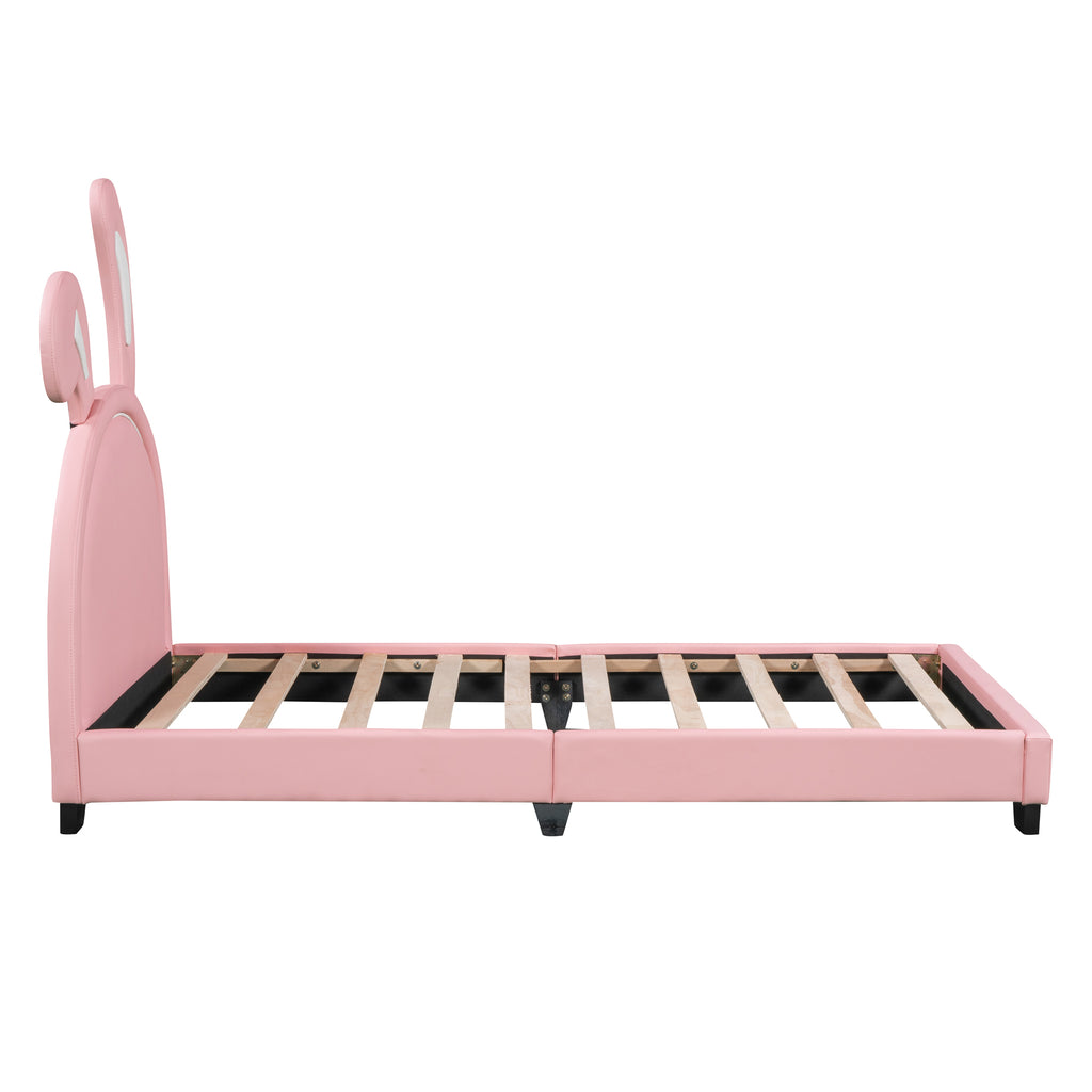 Leoglint Twin Size Upholstered Leather Platform Bed Frame with Rabbit Ornament, Pink