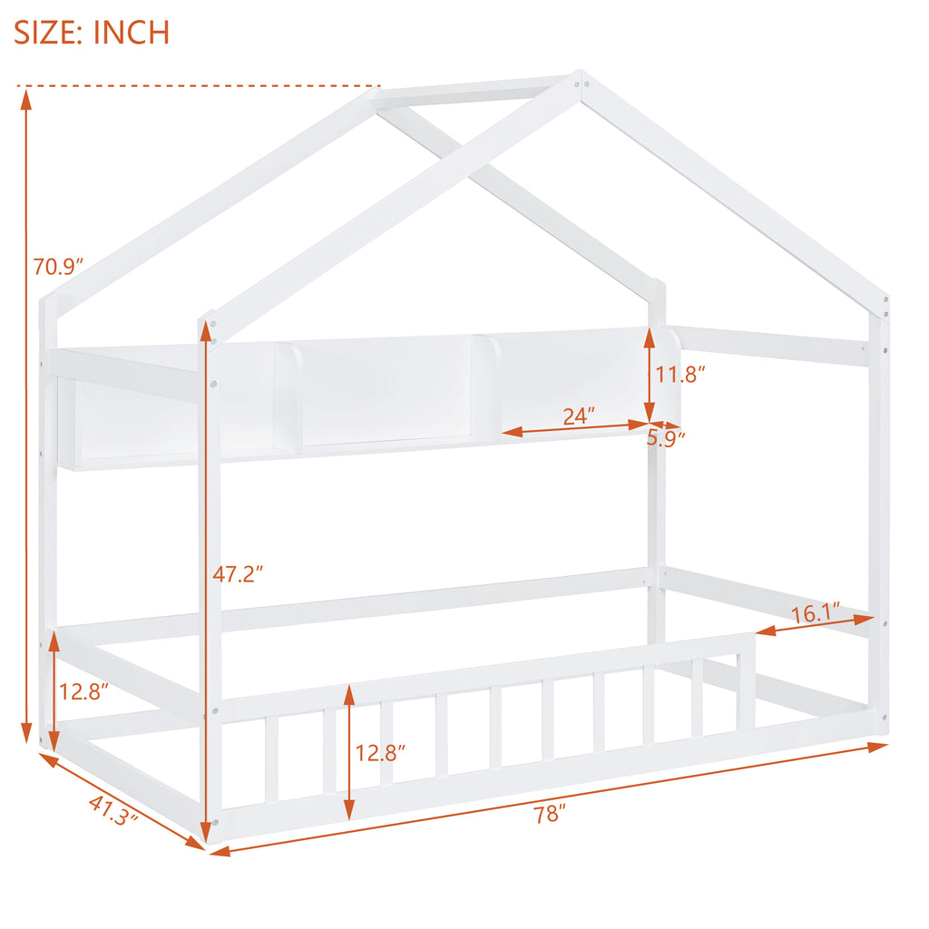 Wooden Twin Size House Bed with Storage Shelf,Kids Bed with Fence and Roof, White