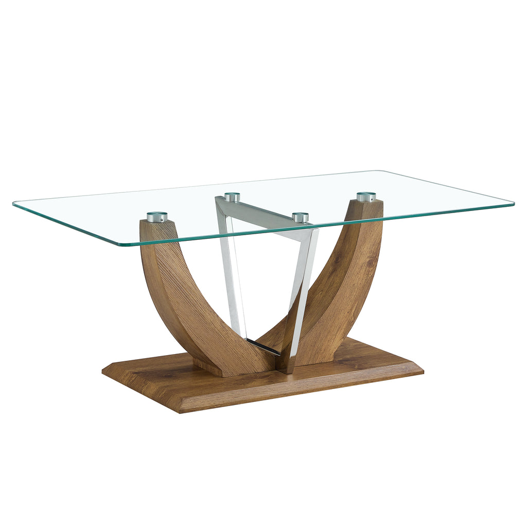 Leoglint Modern minimalist transparent tempered glass coffee table with wooden MDF legs and stainless steel decorative columns. Computer desk. Game table. CT-907