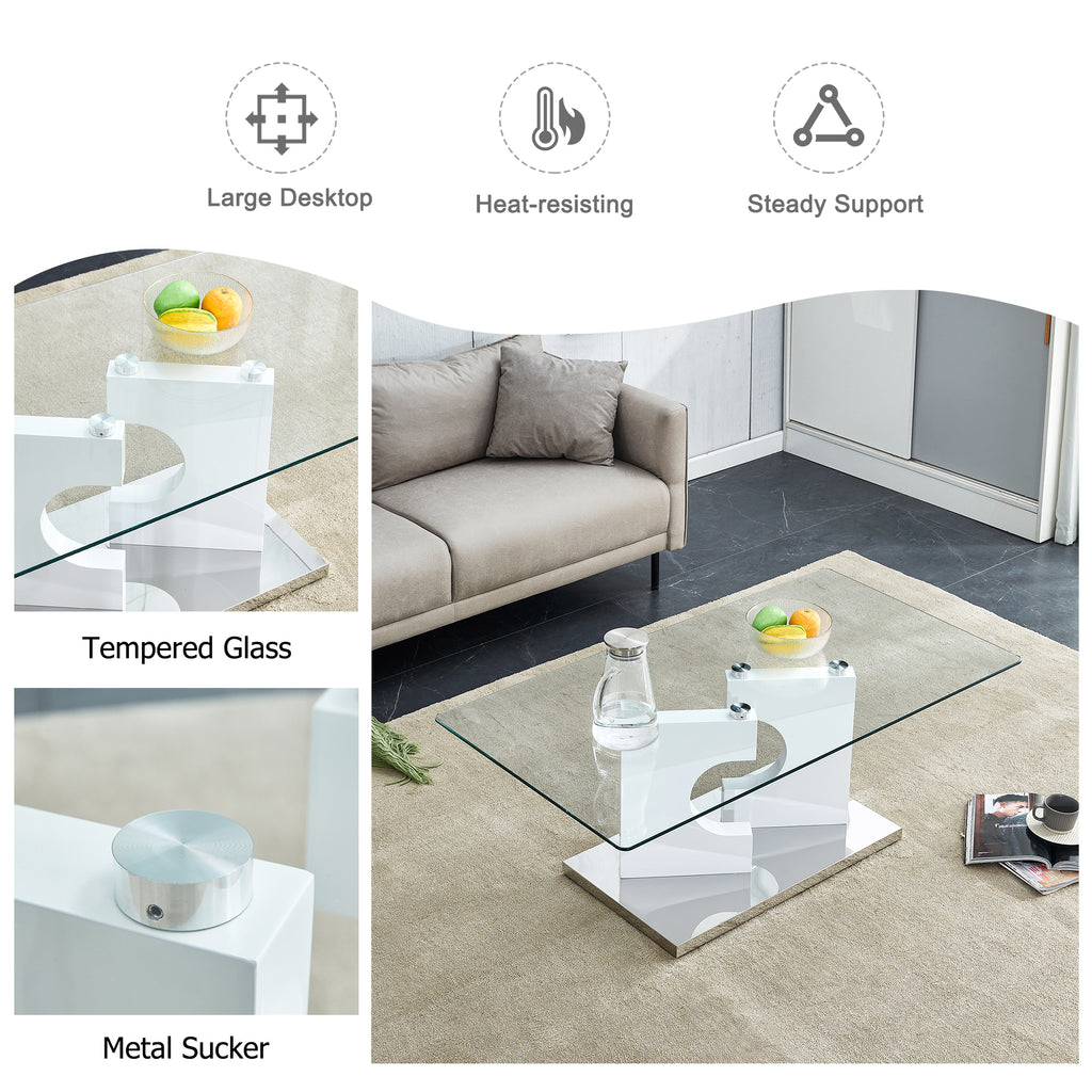 Leoglint A rectangular modern and fashionable coffee table with tempered glass tabletop and white MDF legs. Suitable for living room.47.2"*25.5"*18"