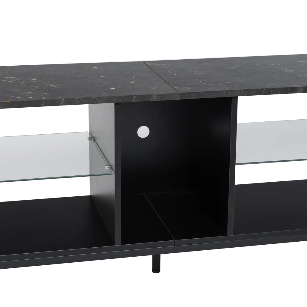 Leoglint TV stand,Iron TV cabinet,entertainment center, TV set, media console, with LED lights, remote control,toughened glass stand,can be placed in the living room, bedroom, color:black with marble texture