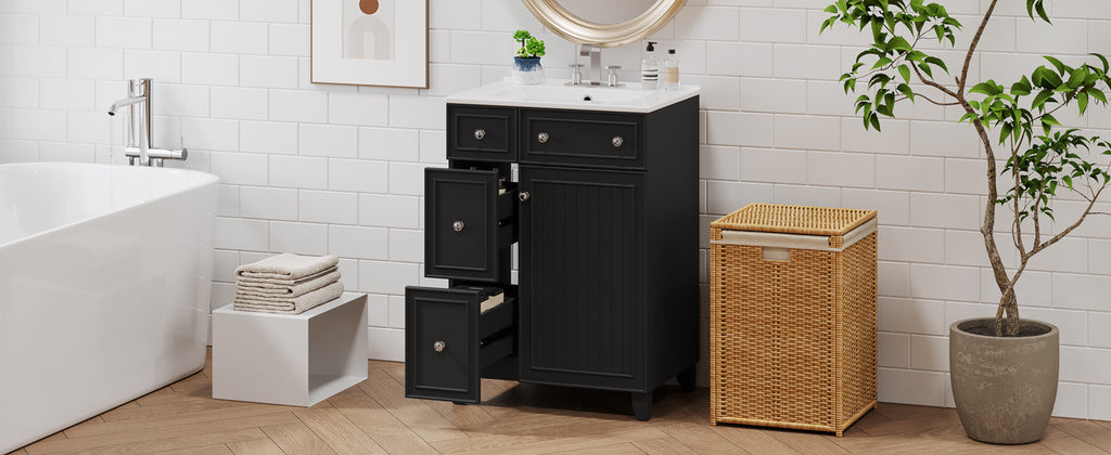 Leoglint 24-Inch Bathroom Vanity Cabinet with Ceramic Sink, 2 Drawers, 1 Door