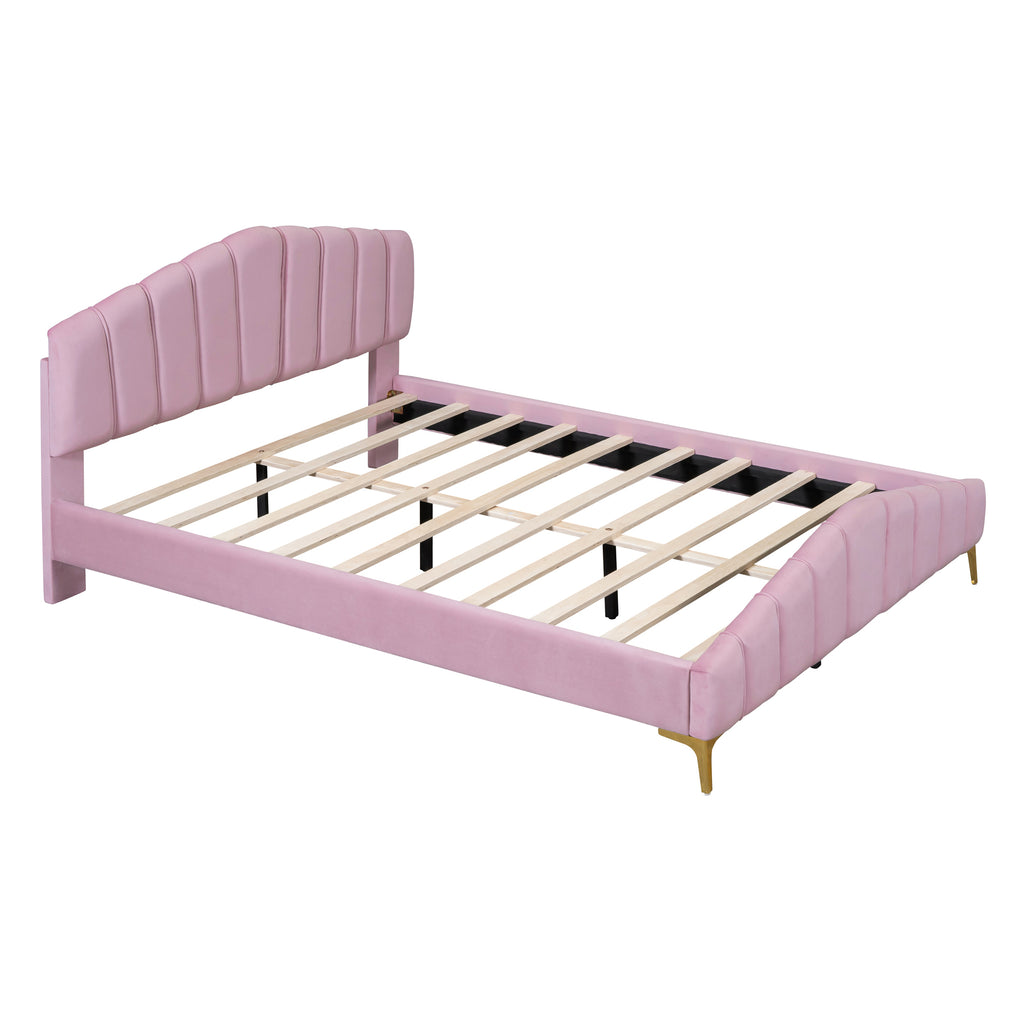 Queen Size Velvet Platform Bed Frame with Thick Fabric, Stylish Stripe Decorated Bedboard and Elegant Metal Bed Leg, Pink