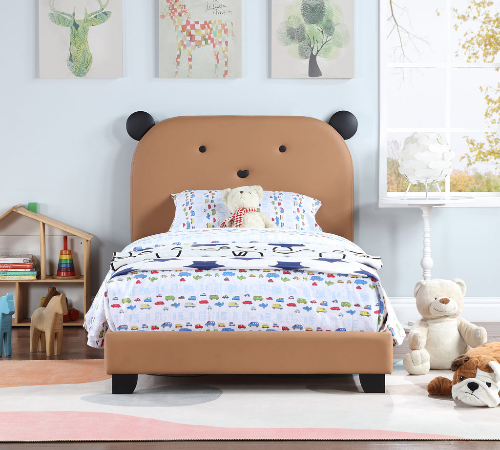 Leoglint Upholstered Twin Size Platform Bed for Kids, Wooden Bed Frame with Slatted Bed Base, No Box Spring Needed, Cute Bed Frame with Bear Design Headboard for Girls Boys Teens, Brown