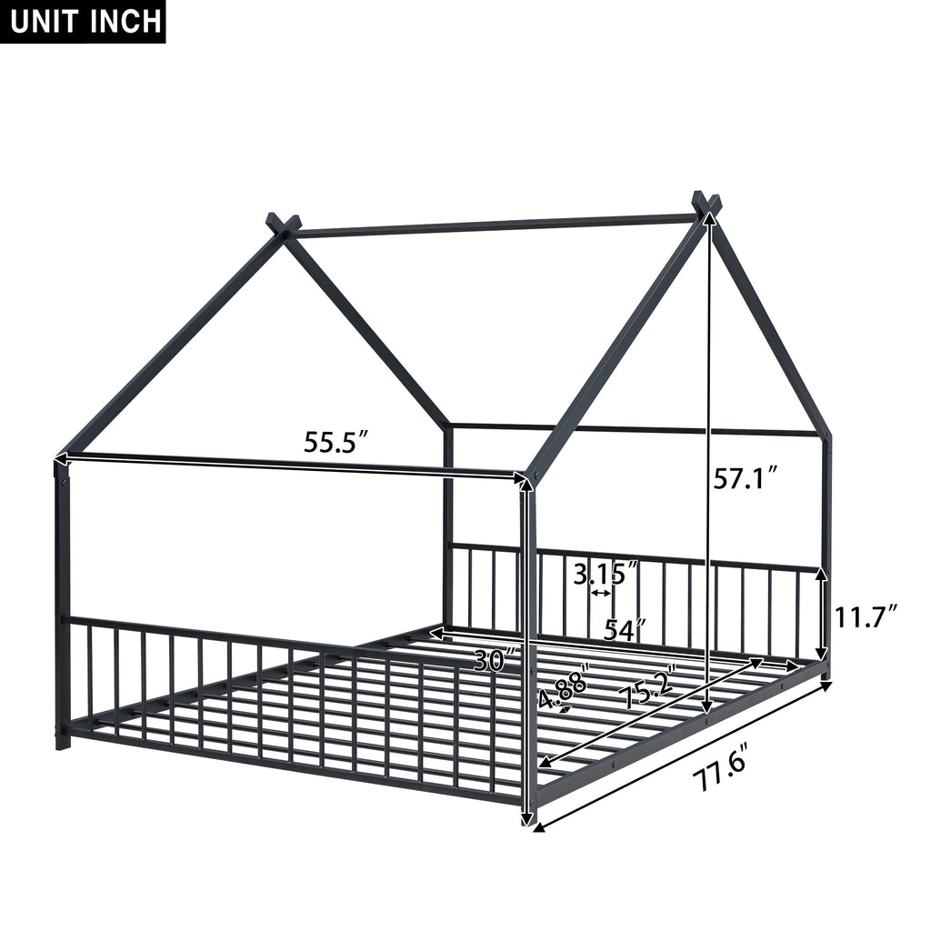 Leoglint Full Size Metal House Bed Frame, Black