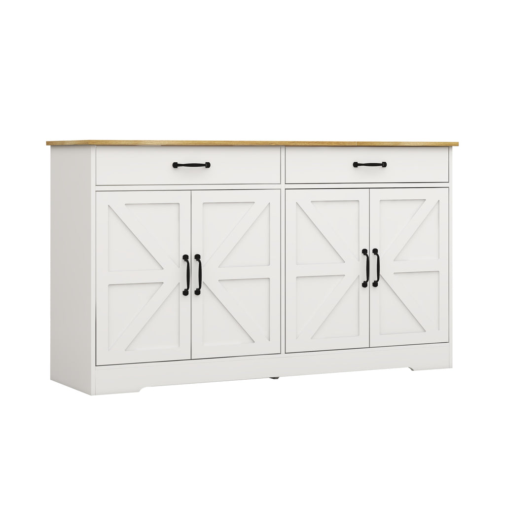 Leoglint 55.91" Large Farmhouse Buffet Cabinet Storage Sideboard with 2 Drawers and 4 Doors for Dining Living Room Kitchen Cupboard-White