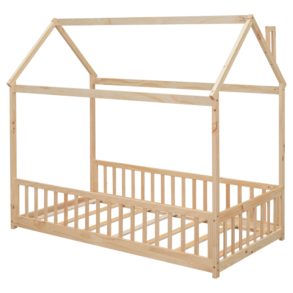 Twin House Bed Frame with Guardrails, Slats ,Natural