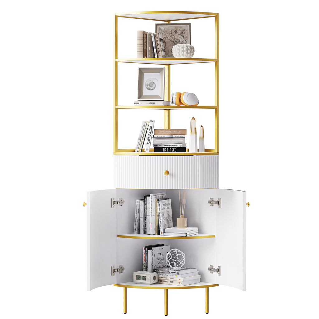 Leoglint 74.8" Tall Modern Corner Bookshelf,Fan-Shaped bookcase with 1 Drawer and 2 Doors ,Wooden Standing Corner Shelf with Gold Metal Frame for Living Room,Home Office,White