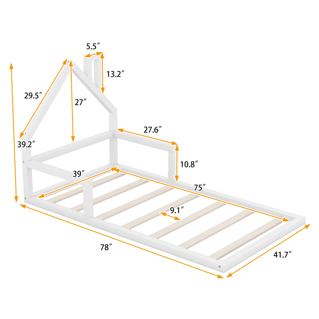 Leoglint Twin Size Wood Floor Bed Frame with House-shaped Headboard, White