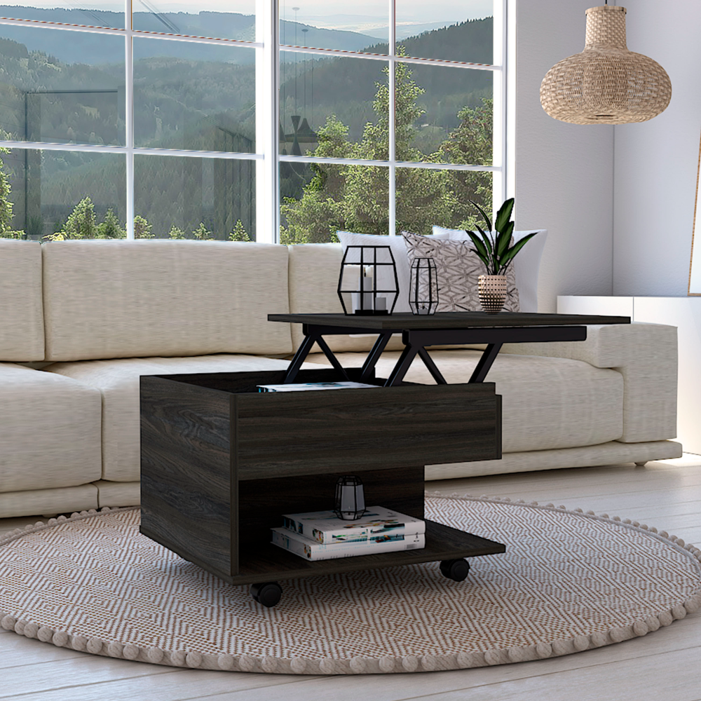 Leoglint 15" H carbon espresso coffee table, 4 brake wheels, lifting top that allows storage inside the table, 1 lower shelf and 1 vertical division that allows you to decorate with photos, and design books.