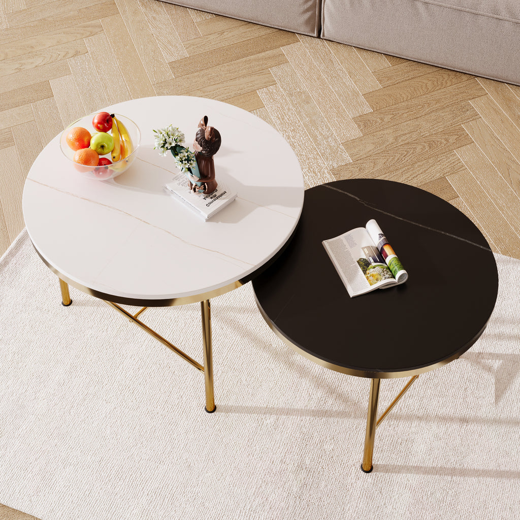 Leoglint Modern Round Nesting Coffee Table Set 2-Piece Black & White Sintered Stone Top Gold Base in 23.6''&17.7''