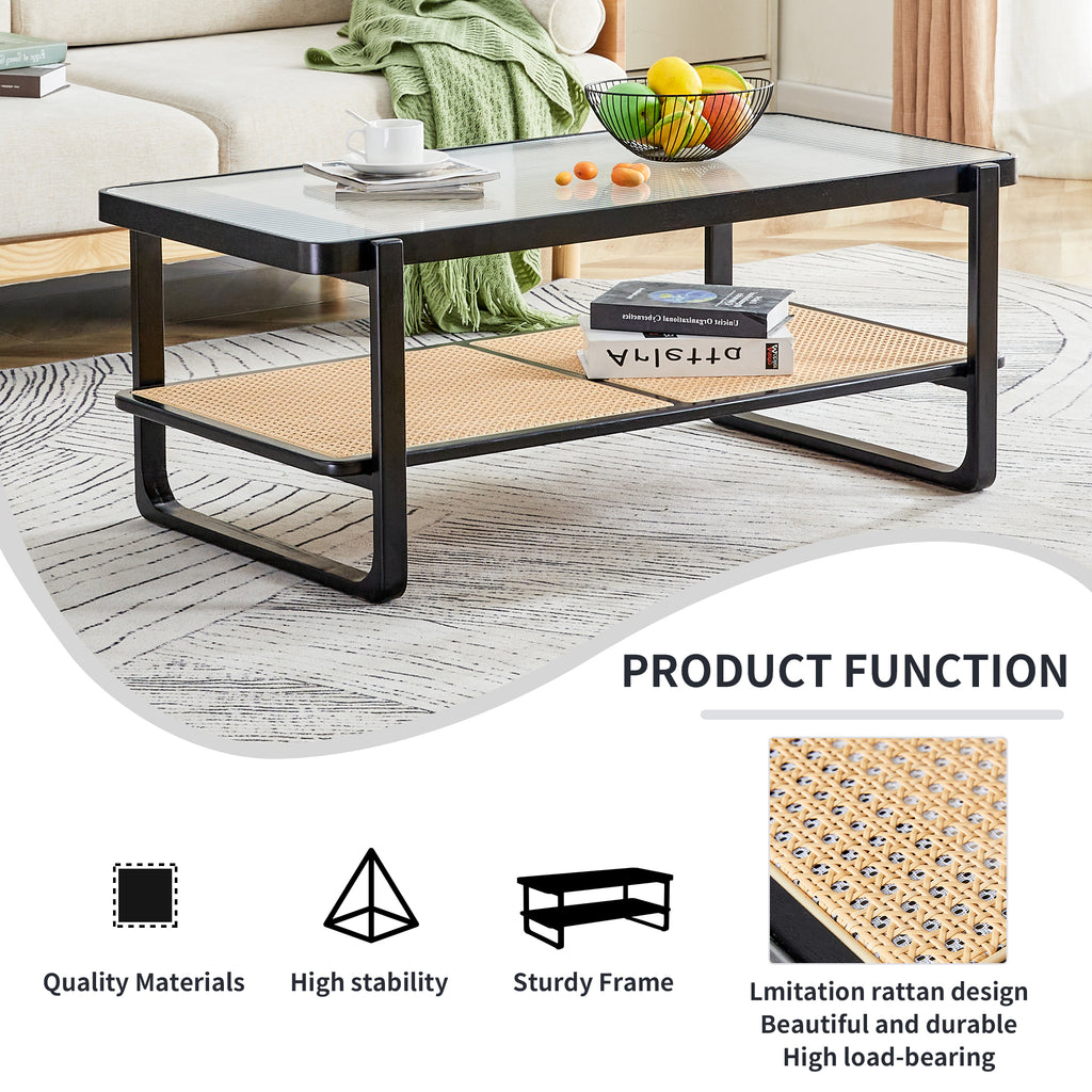 Leoglint Modern minimalist rectangular double layer black solid wood imitation rattan coffee table with a Chinese style side table with craft glass tabletop, suitable for living rooms, restaurants, bedrooms