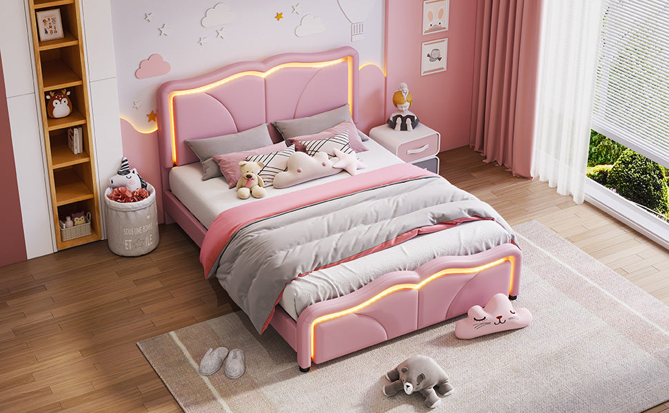 Leoglint Full Size Upholstered Platform Bed Frame with Curve Shaped and Height-adjustbale Headboard,LED Light Strips,Pink