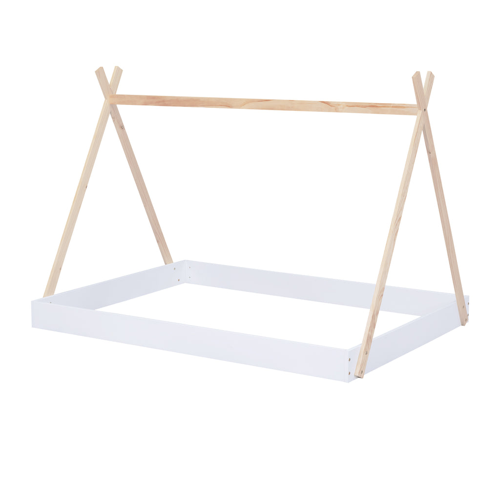 Leoglint Full Size Tent Floor Bed Frame with Triangle Structure, White+Natural