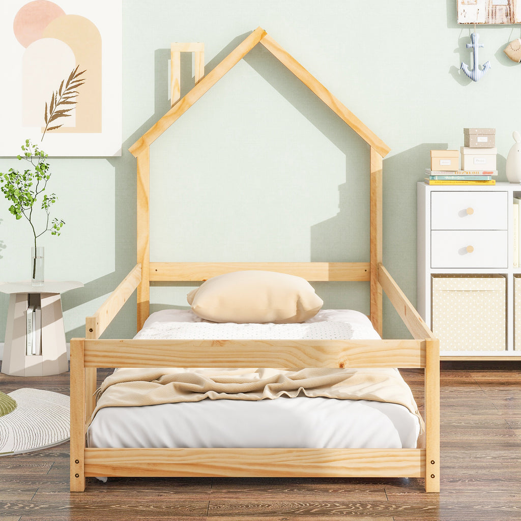 Twin Size Wood bed Frame with House-shaped Headboard Floor bed with Fences,Natural