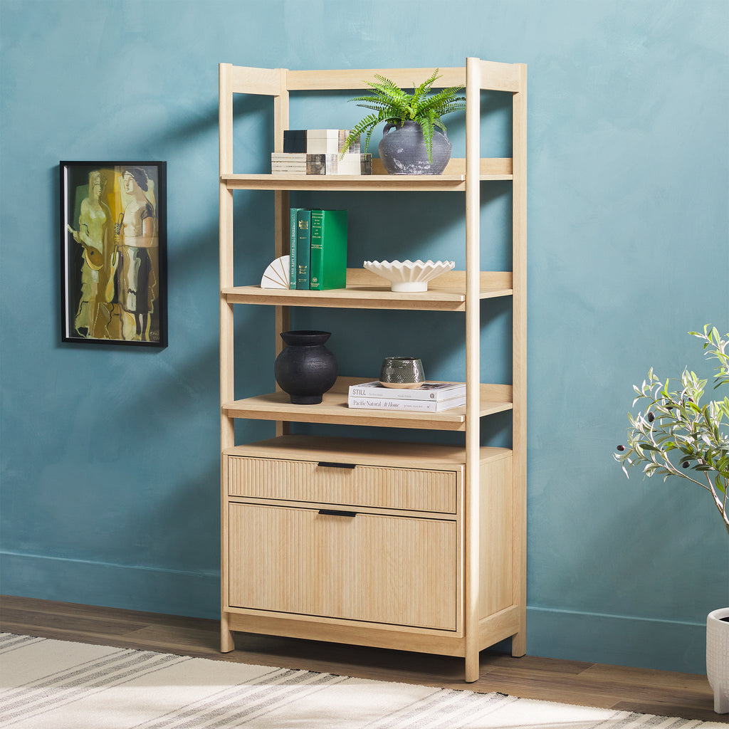 Leoglint Transitional Wide Bookshelf with Drawers on Bottom - Oak