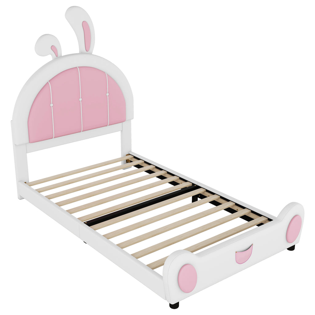 Leoglint Twin Size Upholstered Platform Bed Frame with Rabbit Shaped Headboard, White