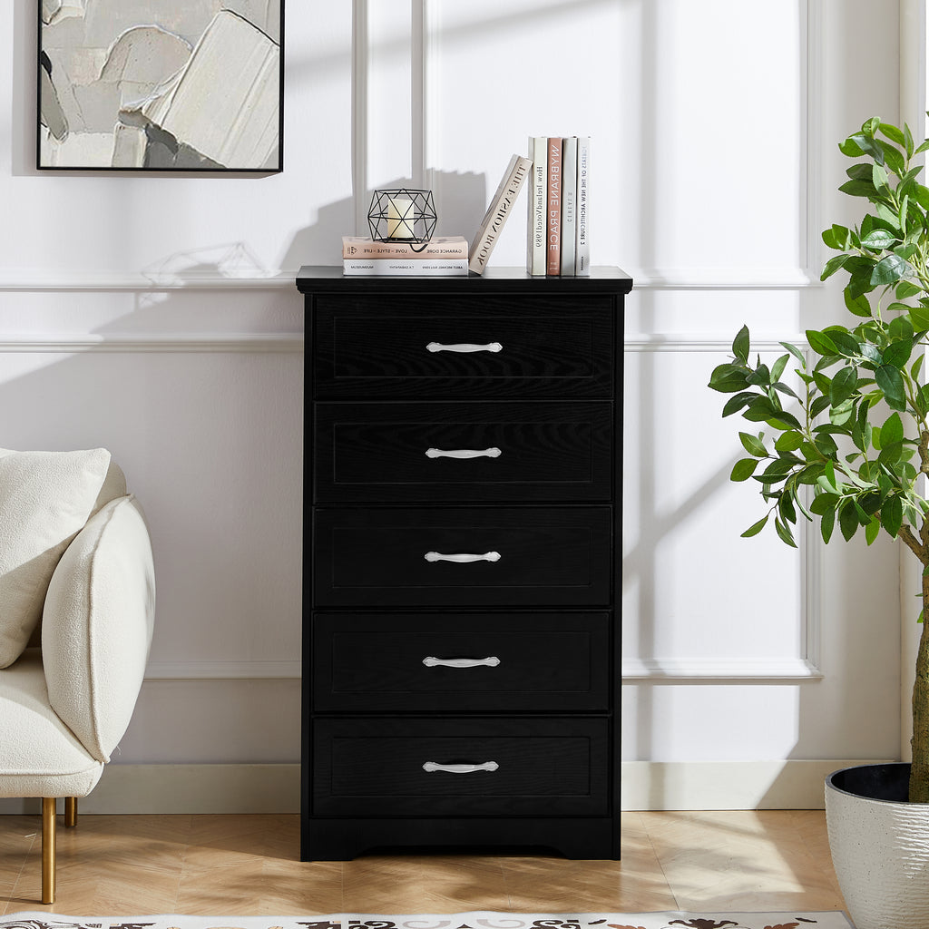 Leoglint Modern 5 Tier Bedroom Chest of Drawers, Dresser with Drawers,Drawer Chest, Clothes Organizer -Metal Pulls for Living Room, Bedroom, Hallway, Black, 25.2″L x 15.8″W x 43.5″H