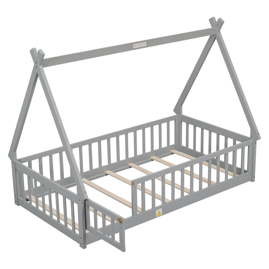 Leoglint Twin Tent-shaped Floor Bed Frame, with Guardrails, Slats, Door ,Grey