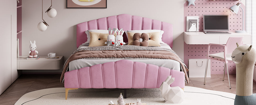 Queen Size Velvet Platform Bed Frame with Thick Fabric, Stylish Stripe Decorated Bedboard and Elegant Metal Bed Leg, Pink